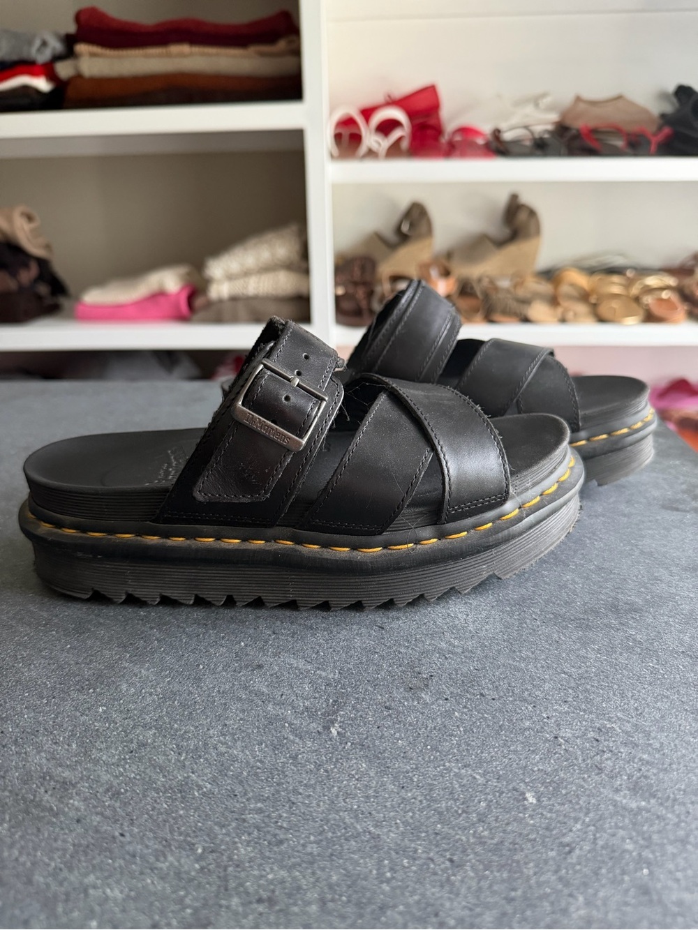 Dr. Martens “Myles” Black Leather Buckle Platform Slide Sandals